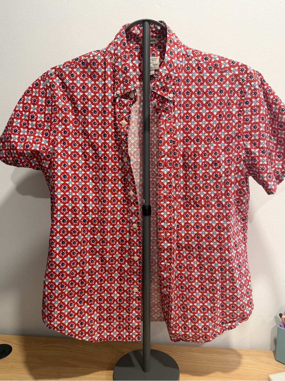 J. Crew Red Geometric Short-Sleeve Button-Up Shirt